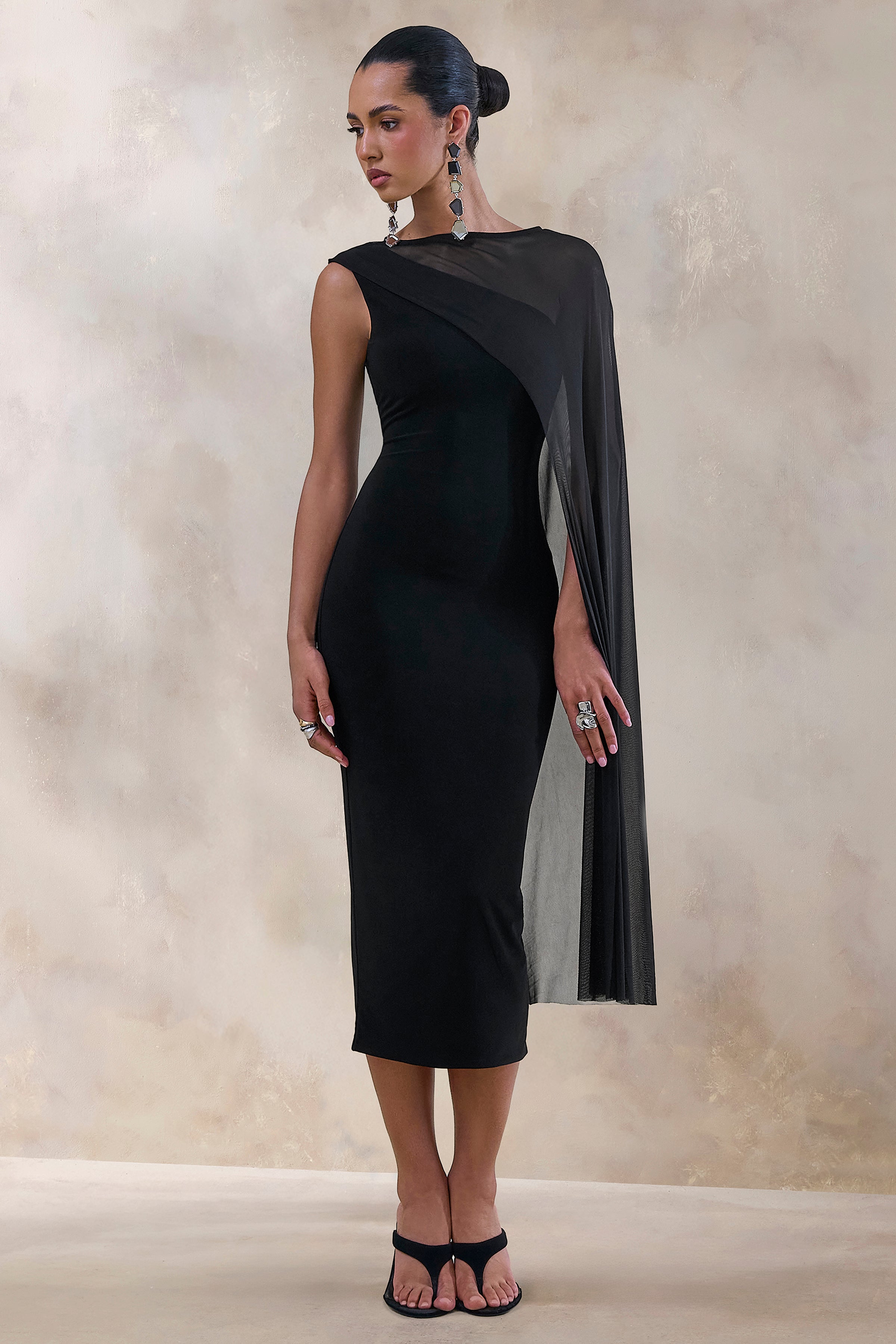 Caloria | Negro Escote Asimétrico Vestido Midi con Manga Capa de Malla