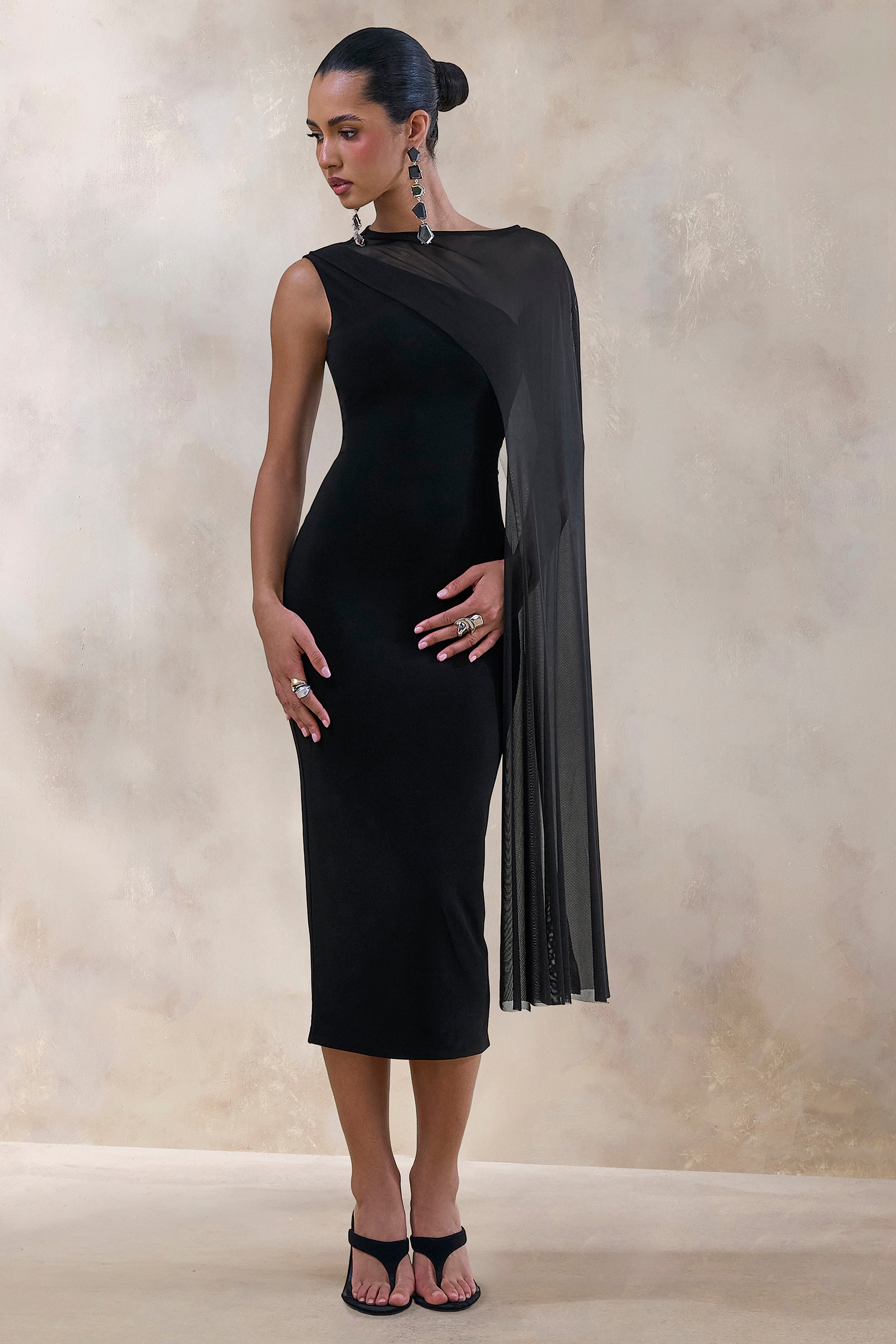Caloria | Negro Escote Asimétrico Vestido Midi con Manga Capa de Malla