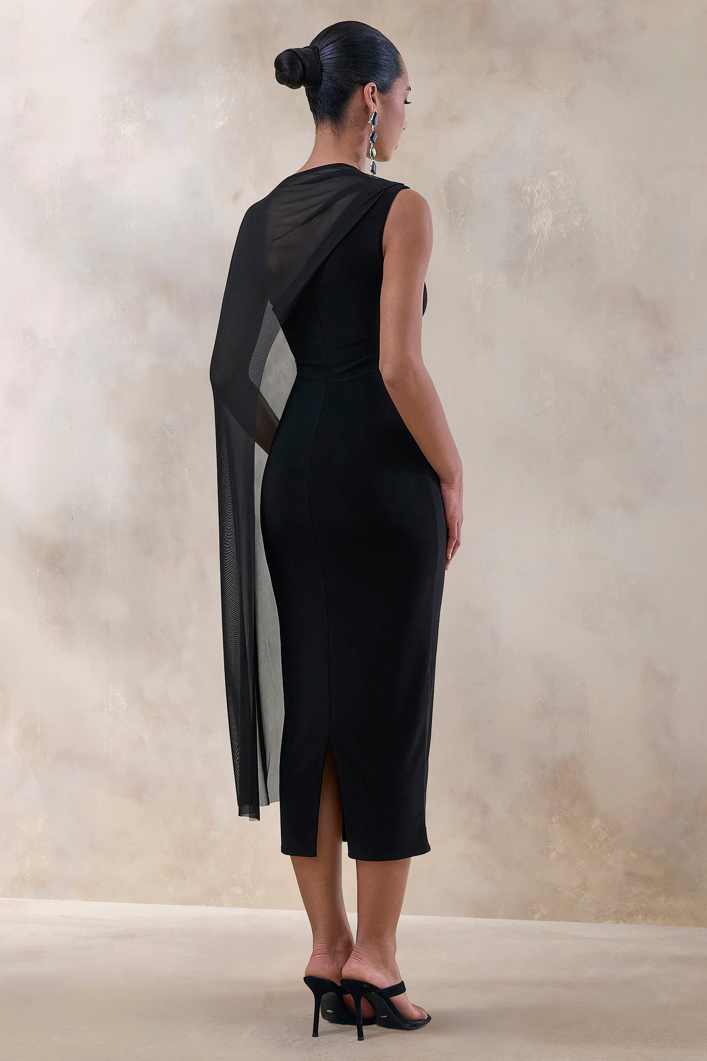 Caloria | Negro Escote Asimétrico Vestido Midi con Manga Capa de Malla