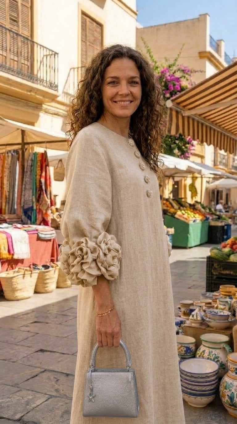 Magdalena | Vestido Estilo Francés con Flores 3D y Mangas Abullonadas