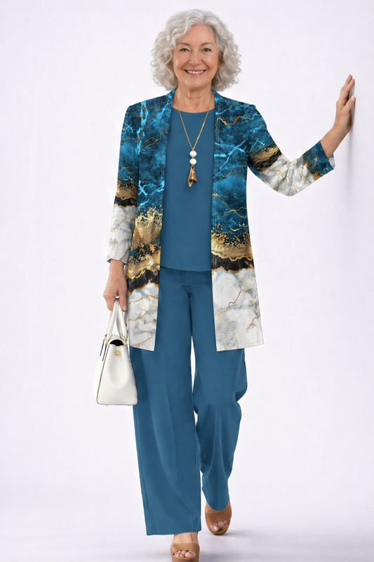 Tiziana | Conjunto de mujer 3 piezas azul y mármol oro