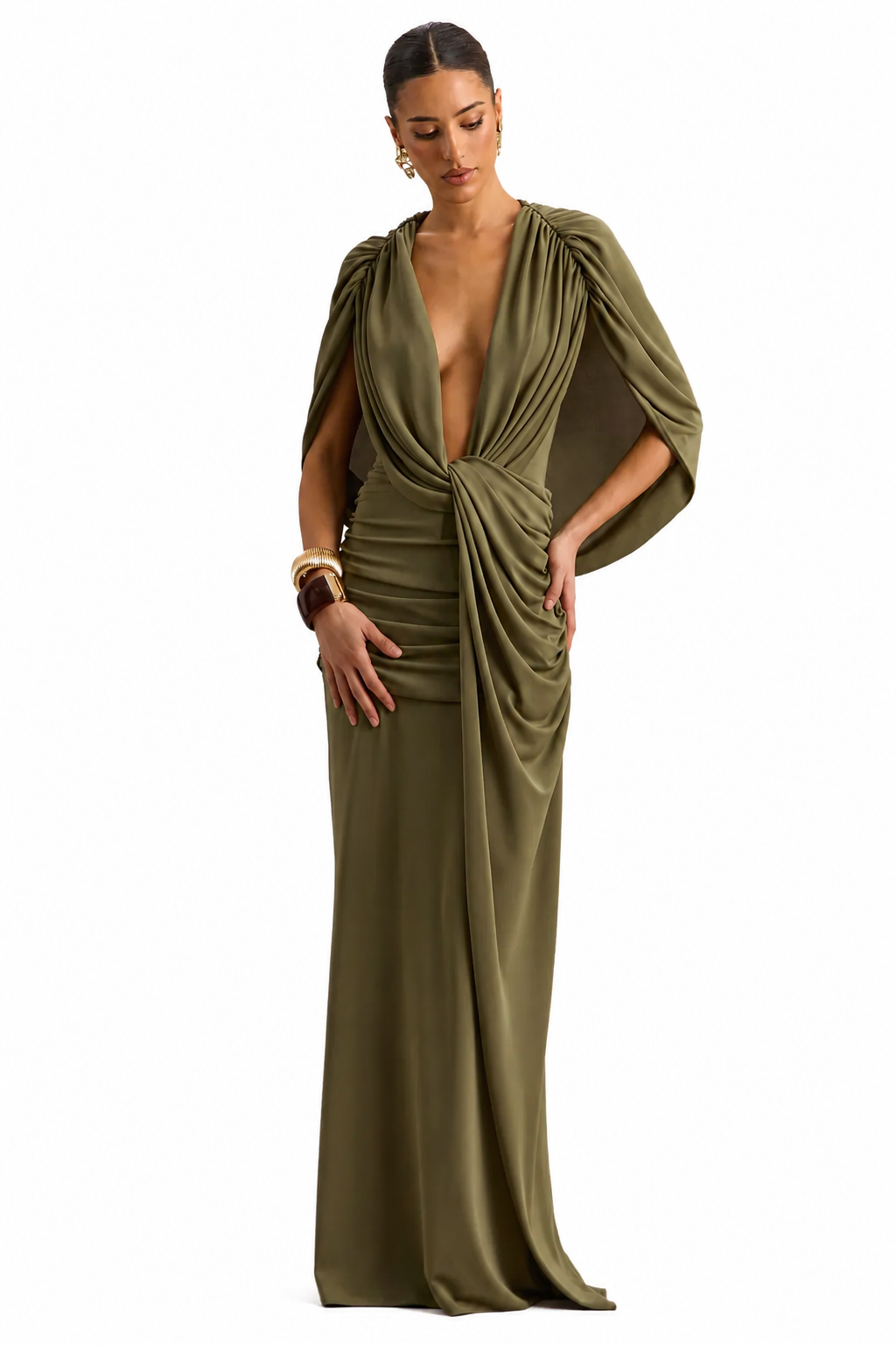 Marisea | Vestido Largo Verde de Escote Pronunciado con Mangas Capa