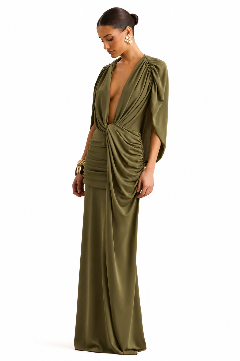 Marisea | Vestido Largo Verde de Escote Pronunciado con Mangas Capa