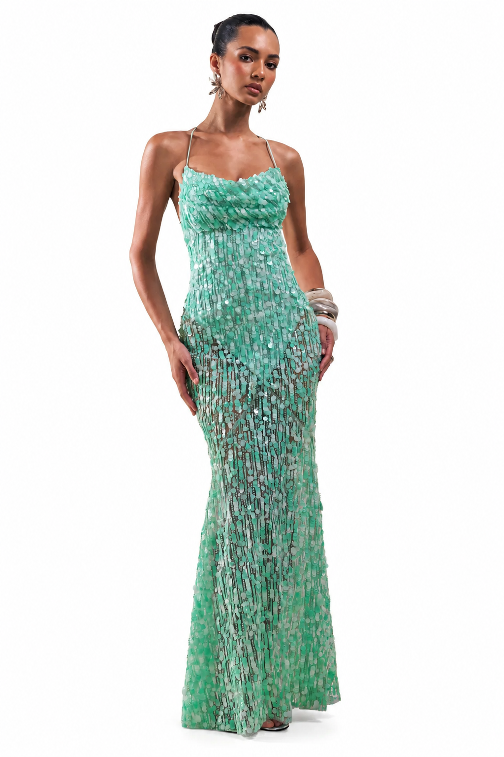 Taryn | Vestido Largo Turquesa con Escote Desbocado y Lentejuelas Premium