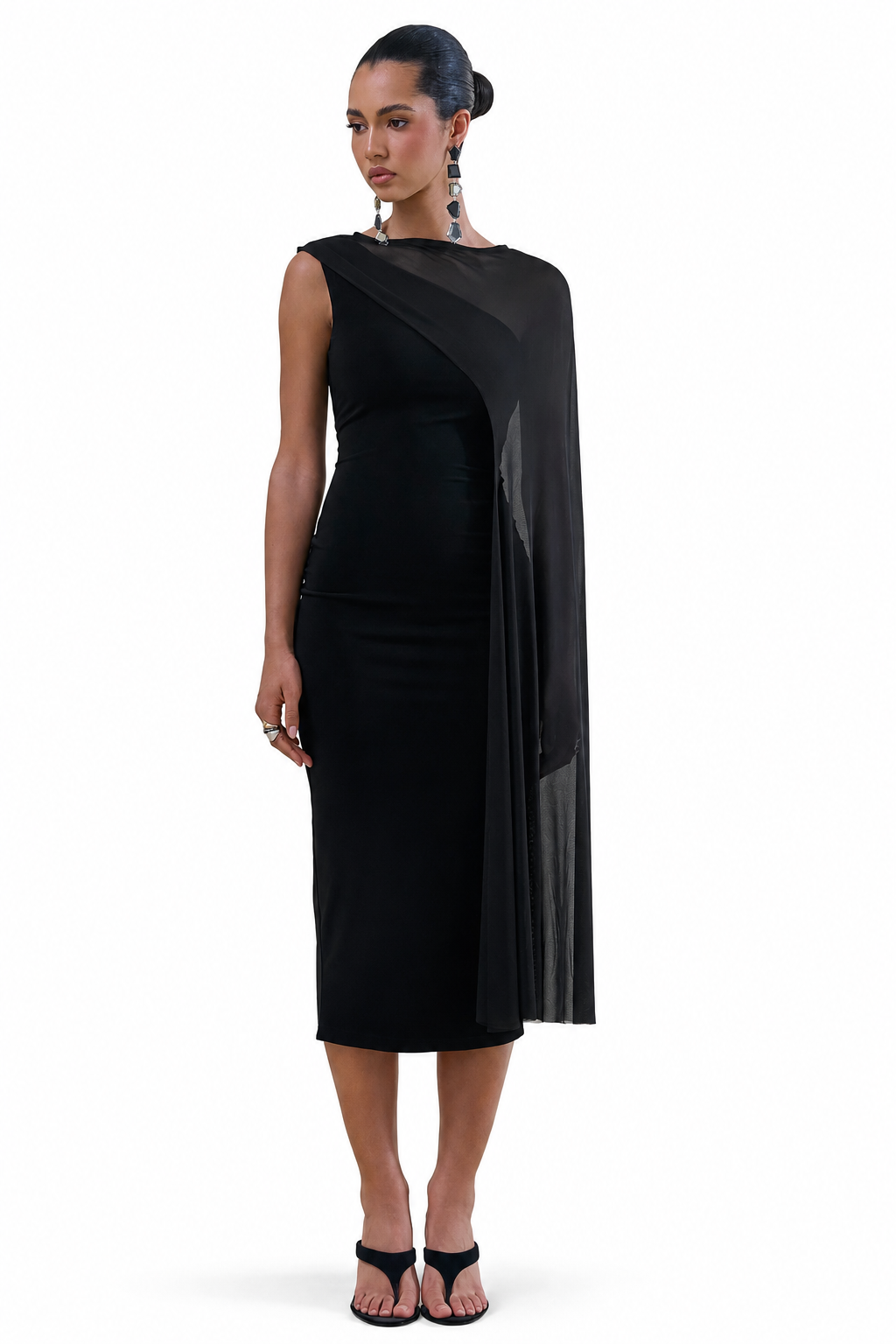 Caloria | Negro Escote Asimétrico Vestido Midi con Manga Capa de Malla