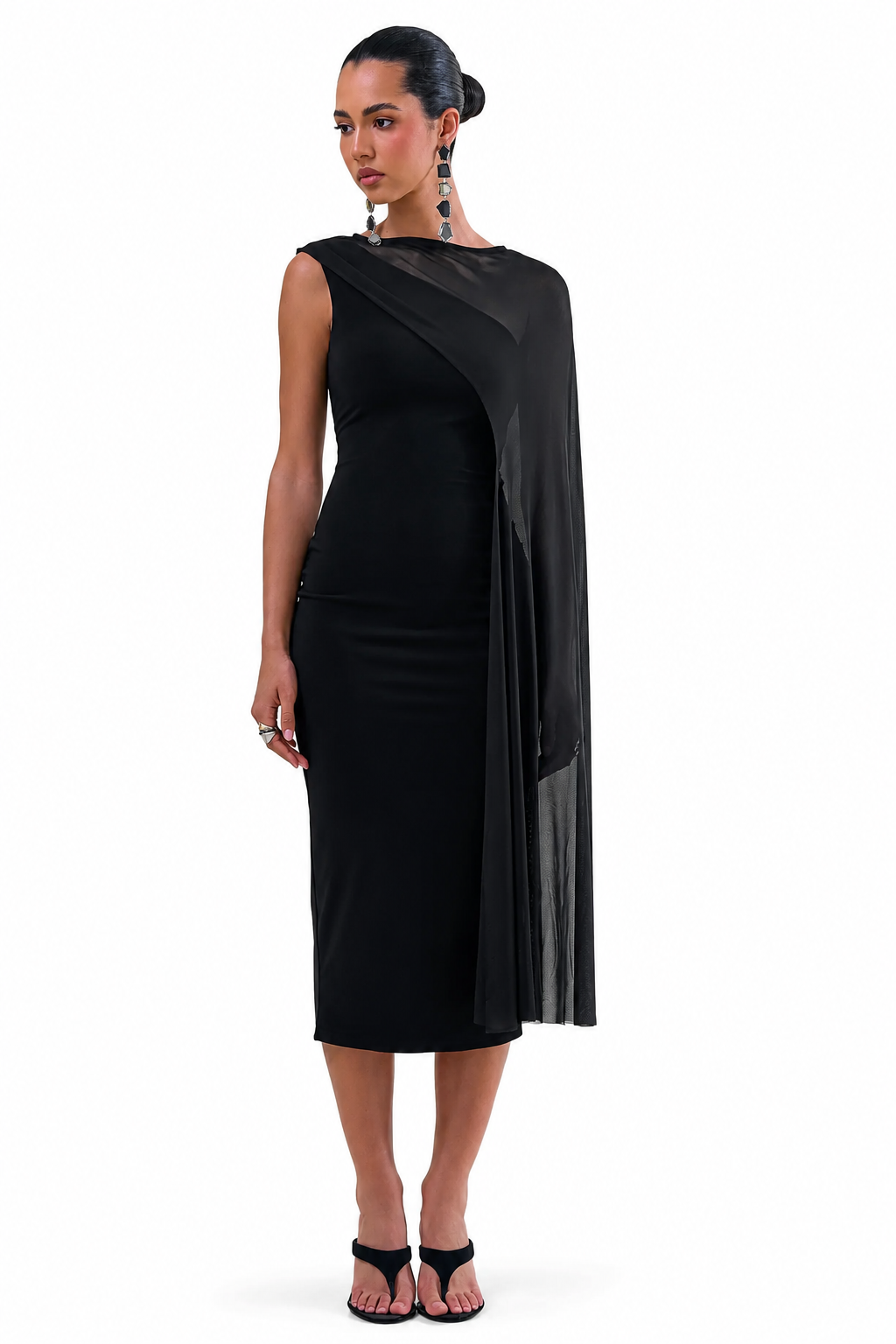 Caloria | Negro Escote Asimétrico Vestido Midi con Manga Capa de Malla