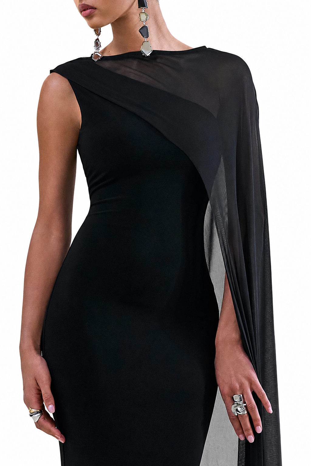 Caloria | Negro Escote Asimétrico Vestido Midi con Manga Capa de Malla