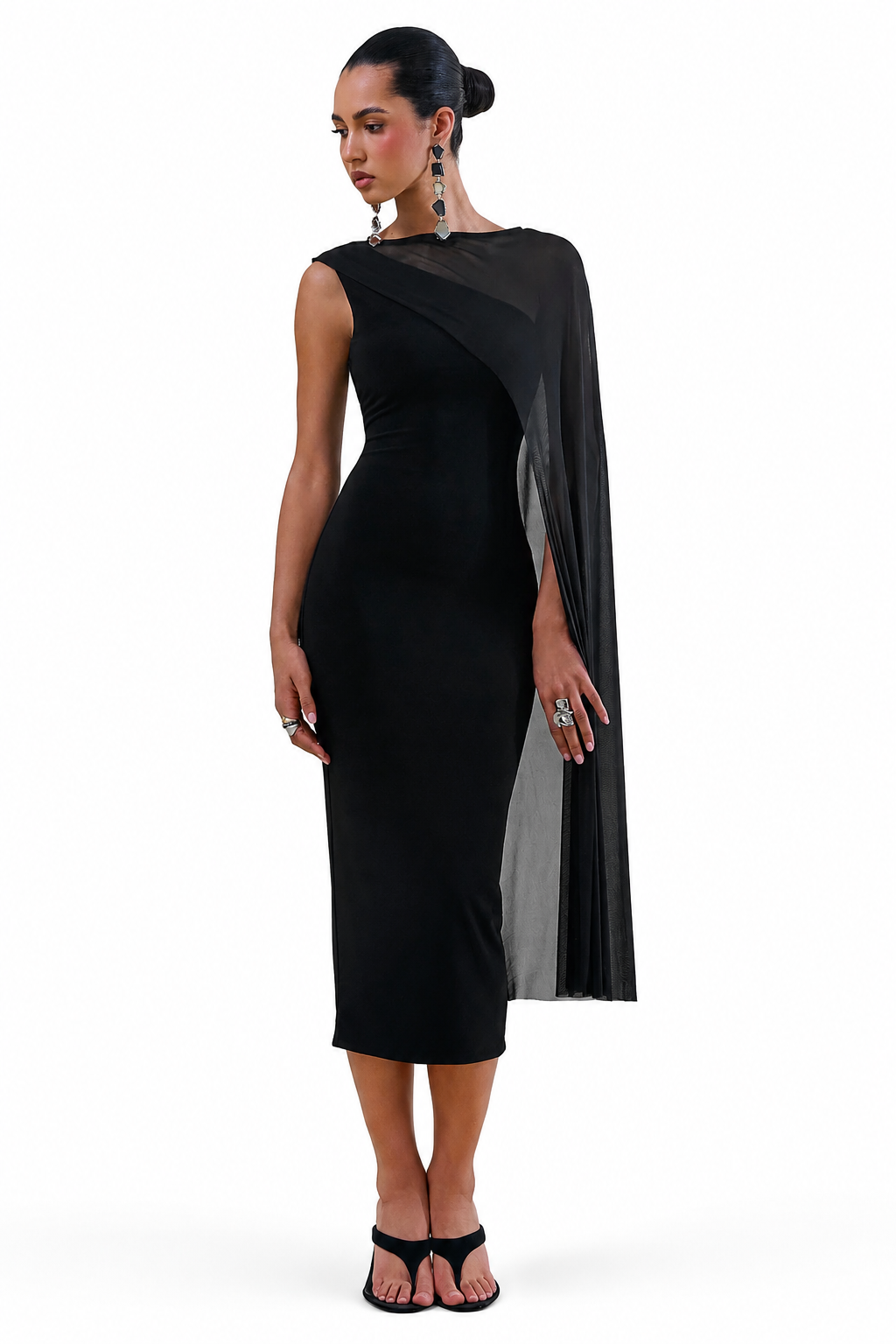 Caloria | Negro Escote Asimétrico Vestido Midi con Manga Capa de Malla