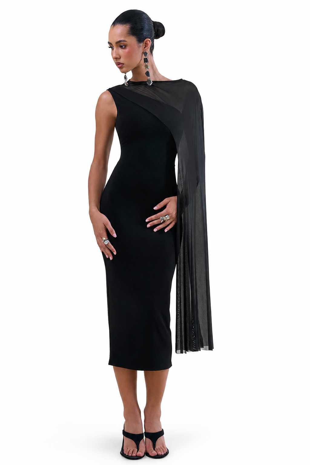 Caloria | Negro Escote Asimétrico Vestido Midi con Manga Capa de Malla