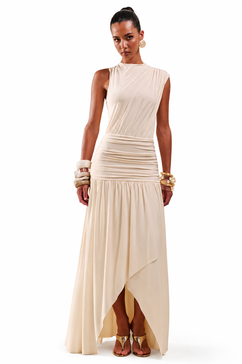 Myssara | Vestido Largo Crema de Cuello Alto con Detalle Drapeado