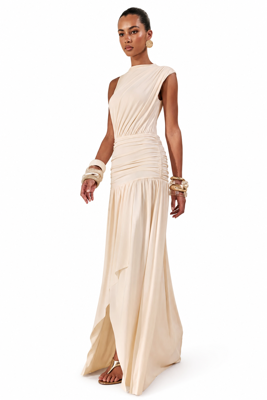 Myssara | Vestido Largo Crema de Cuello Alto con Detalle Drapeado