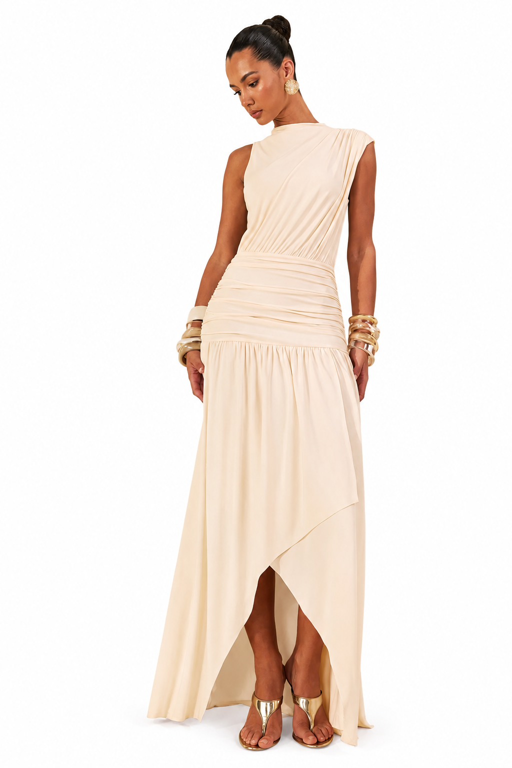 Myssara | Vestido Largo Crema de Cuello Alto con Detalle Drapeado