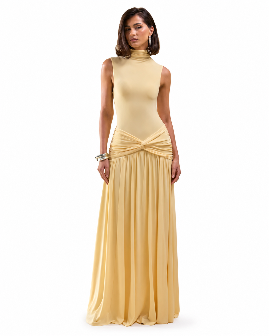 Glimora | Vestido Largo Limón de Cuello Alto con Detalle Fruncido
