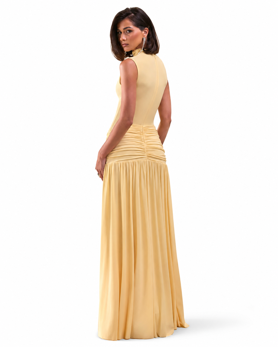 Glimora | Vestido Largo Limón de Cuello Alto con Detalle Fruncido
