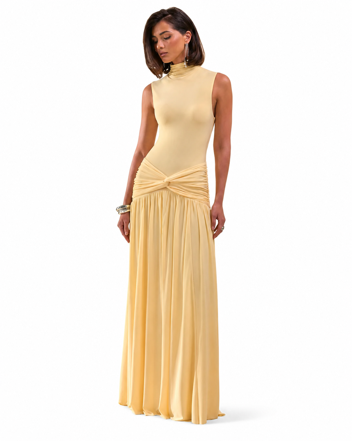 Glimora | Vestido Largo Limón de Cuello Alto con Detalle Fruncido