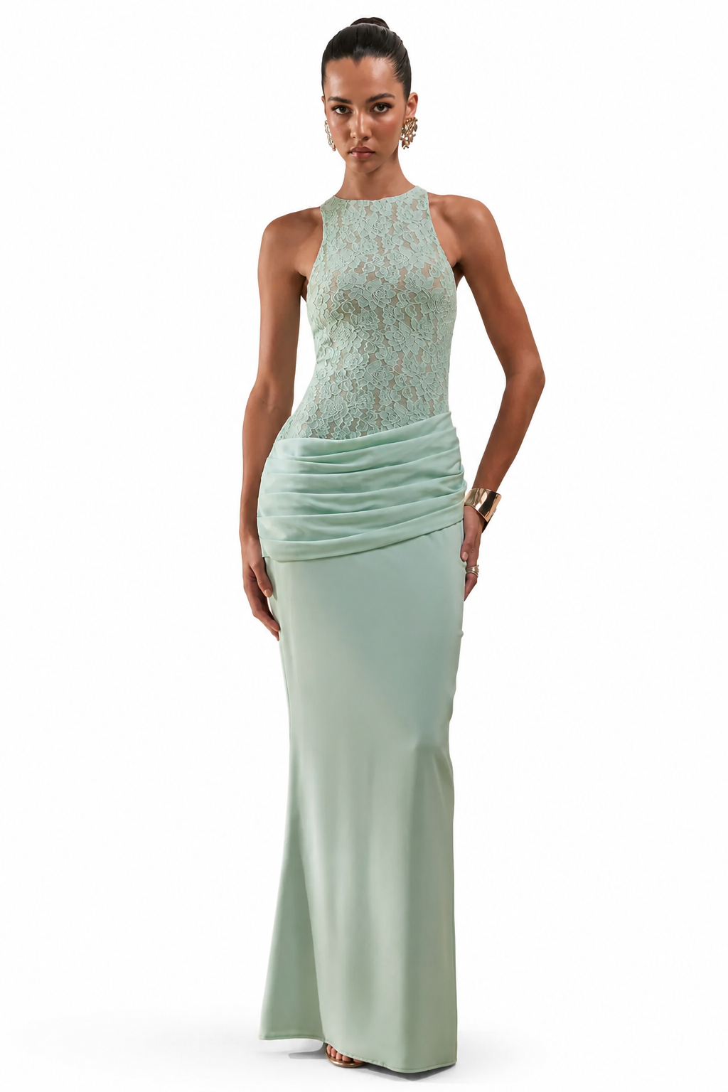 Anthelia | Vestido Largo Verde Menta De Satén Y Encaje Con Cuello Nadador Y Detalle Drapeado