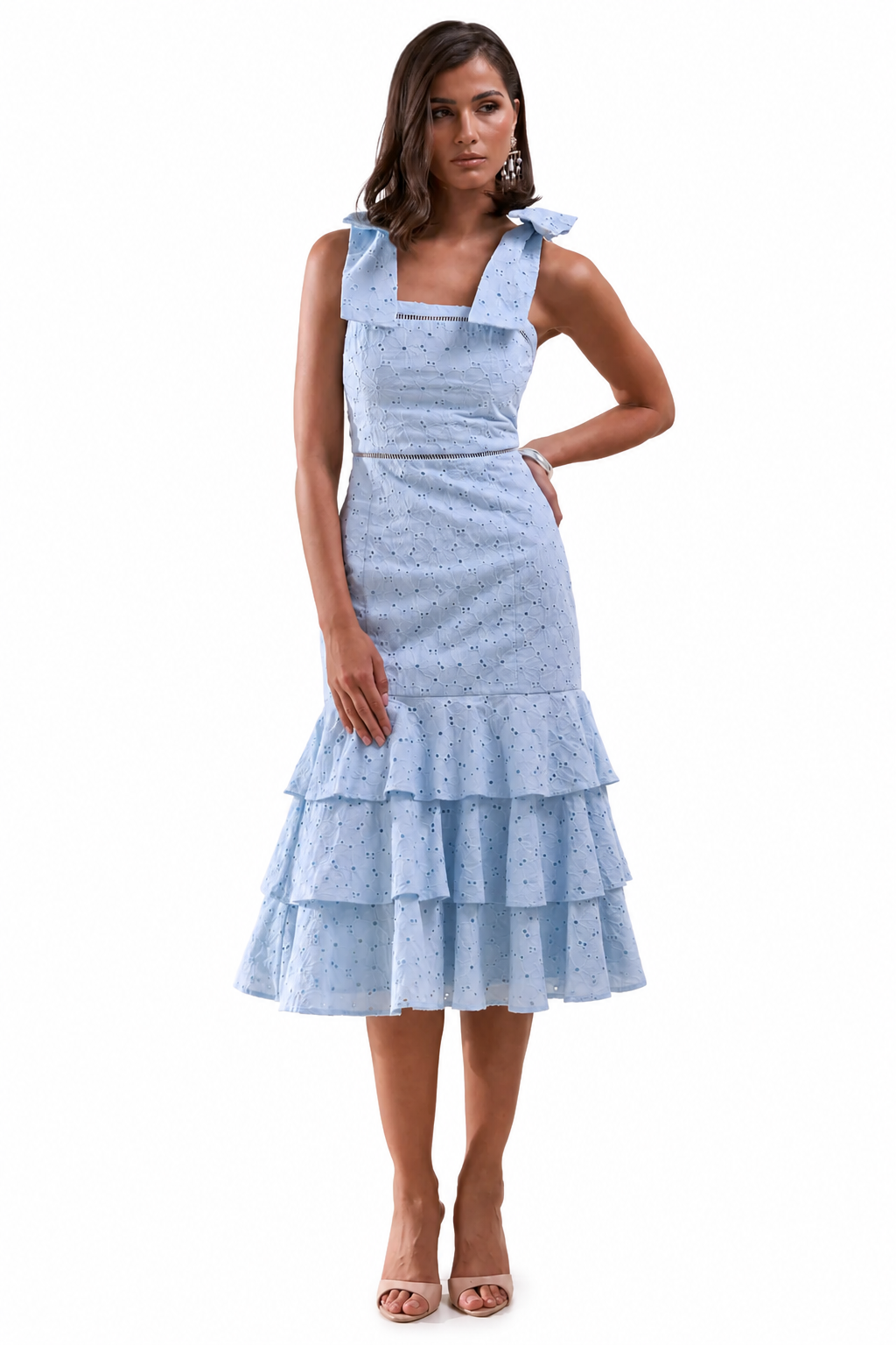 Velissia | Vestido Midi Azul De Broderie Con Escote Cuadrado, Mangas Con Lazos Y Bajo Con Volantes