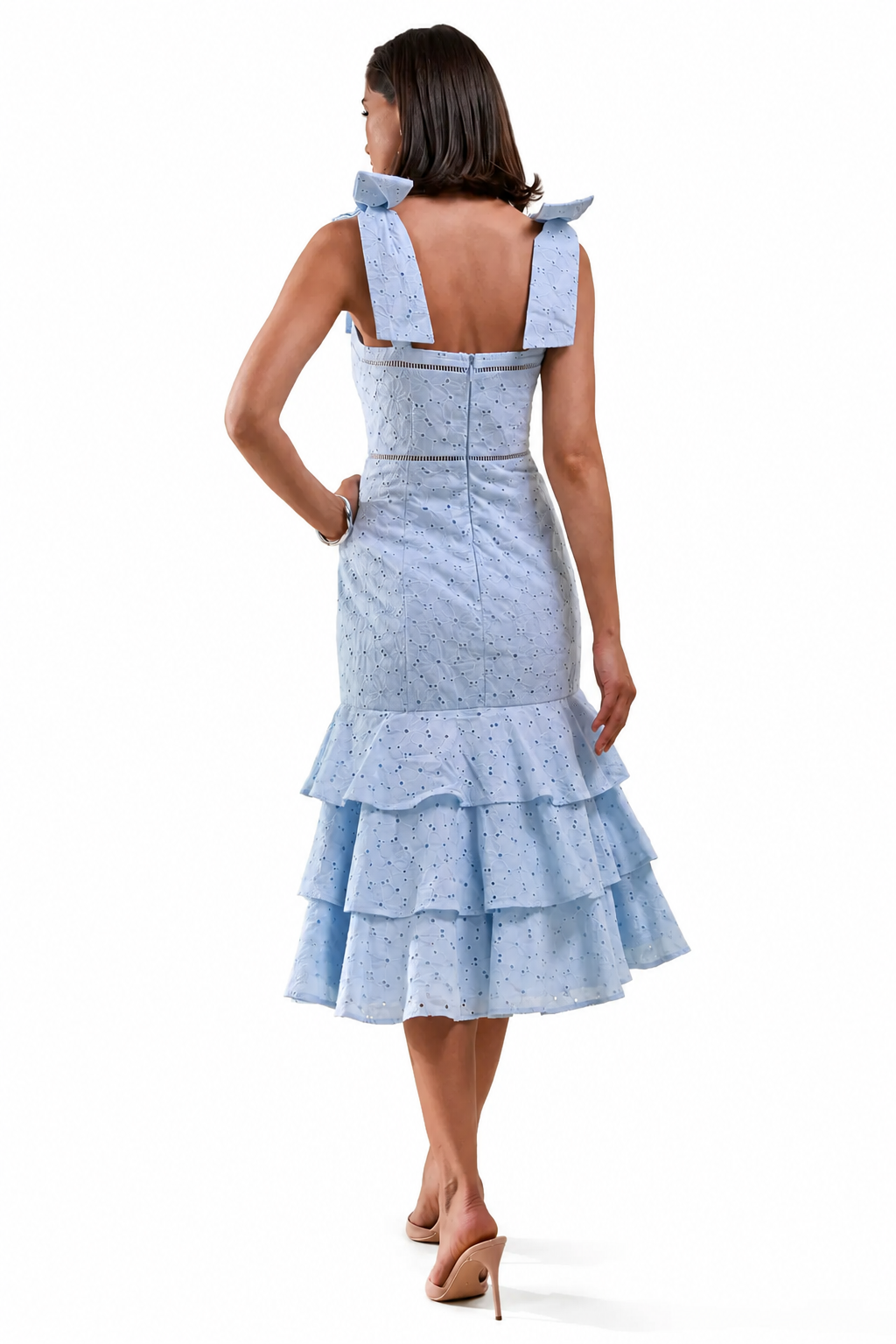 Velissia | Vestido Midi Azul De Broderie Con Escote Cuadrado, Mangas Con Lazos Y Bajo Con Volantes