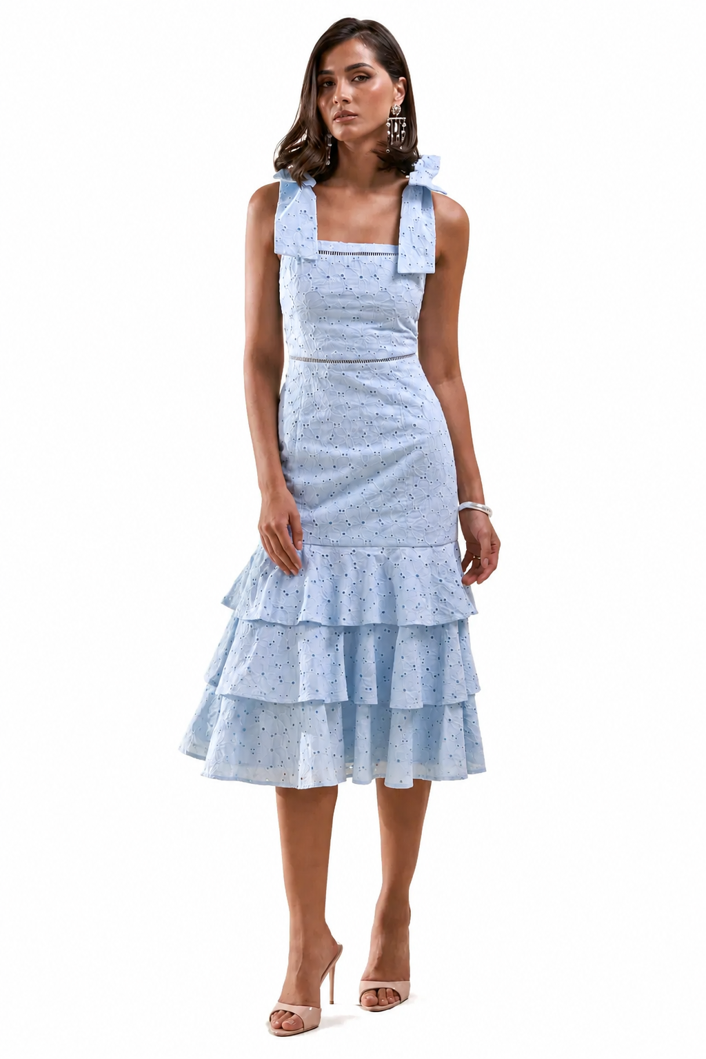 Velissia | Vestido Midi Azul De Broderie Con Escote Cuadrado, Mangas Con Lazos Y Bajo Con Volantes