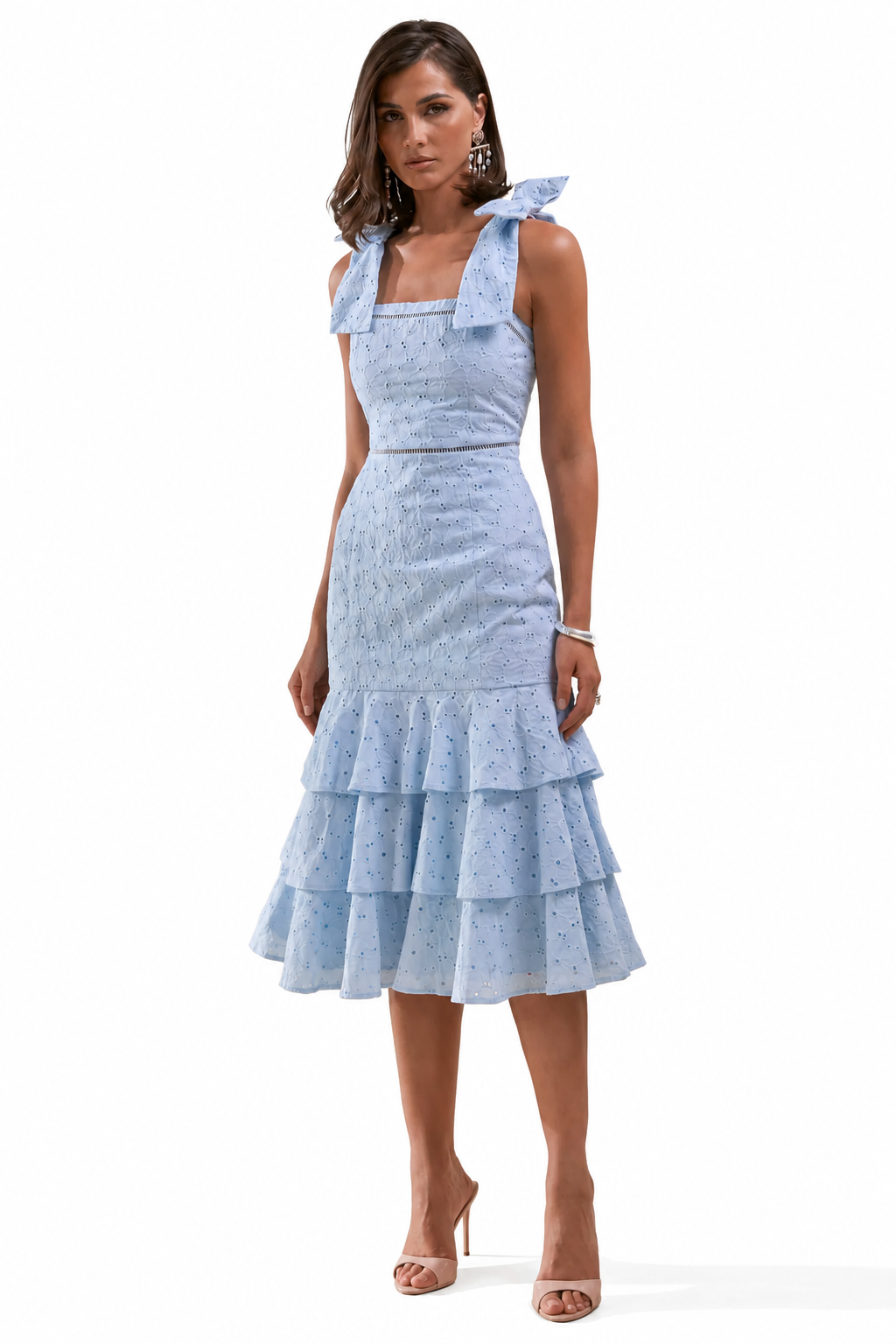 Velissia | Vestido Midi Azul De Broderie Con Escote Cuadrado, Mangas Con Lazos Y Bajo Con Volantes