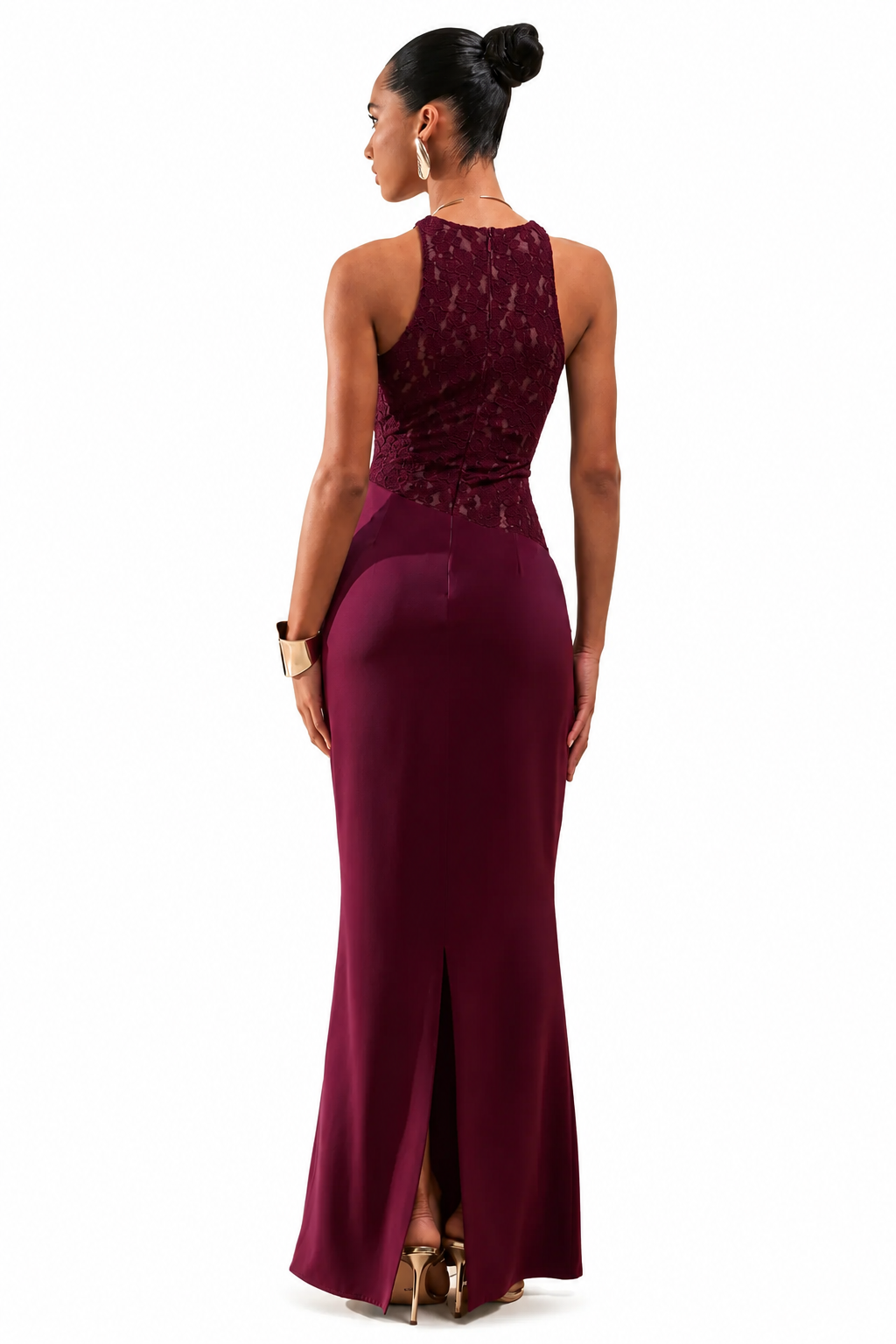 Anthelia | Vestido Largo Burdeos De Encaje Y Satén Con Cuello Racer Y Detalle Drapeado