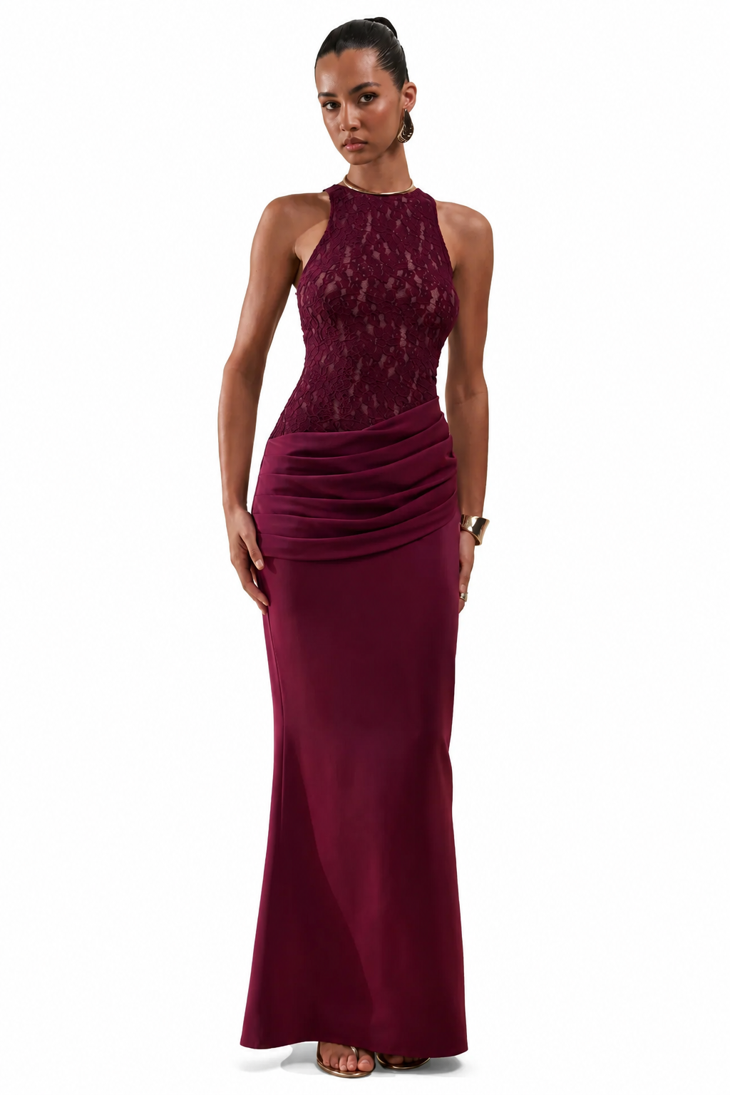 Anthelia | Vestido Largo Burdeos De Encaje Y Satén Con Cuello Racer Y Detalle Drapeado