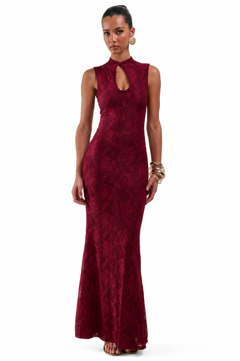 Ravissa | Vestido Largo Borgoña De Encaje Con Cuello Alto