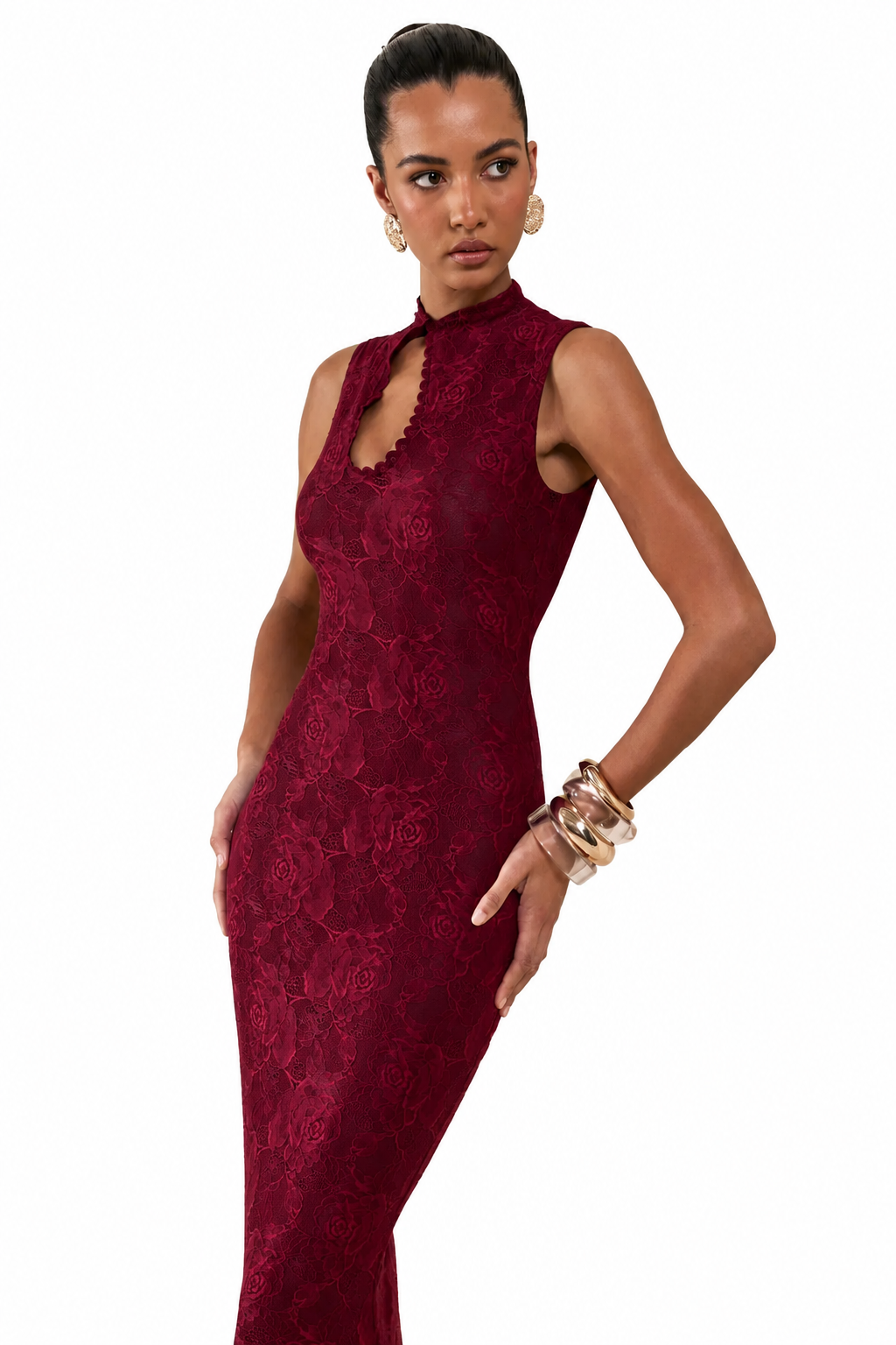 Ravissa | Vestido Largo Borgoña De Encaje Con Cuello Alto