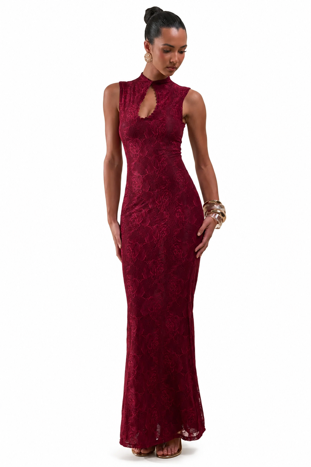 Ravissa | Vestido Largo Borgoña De Encaje Con Cuello Alto