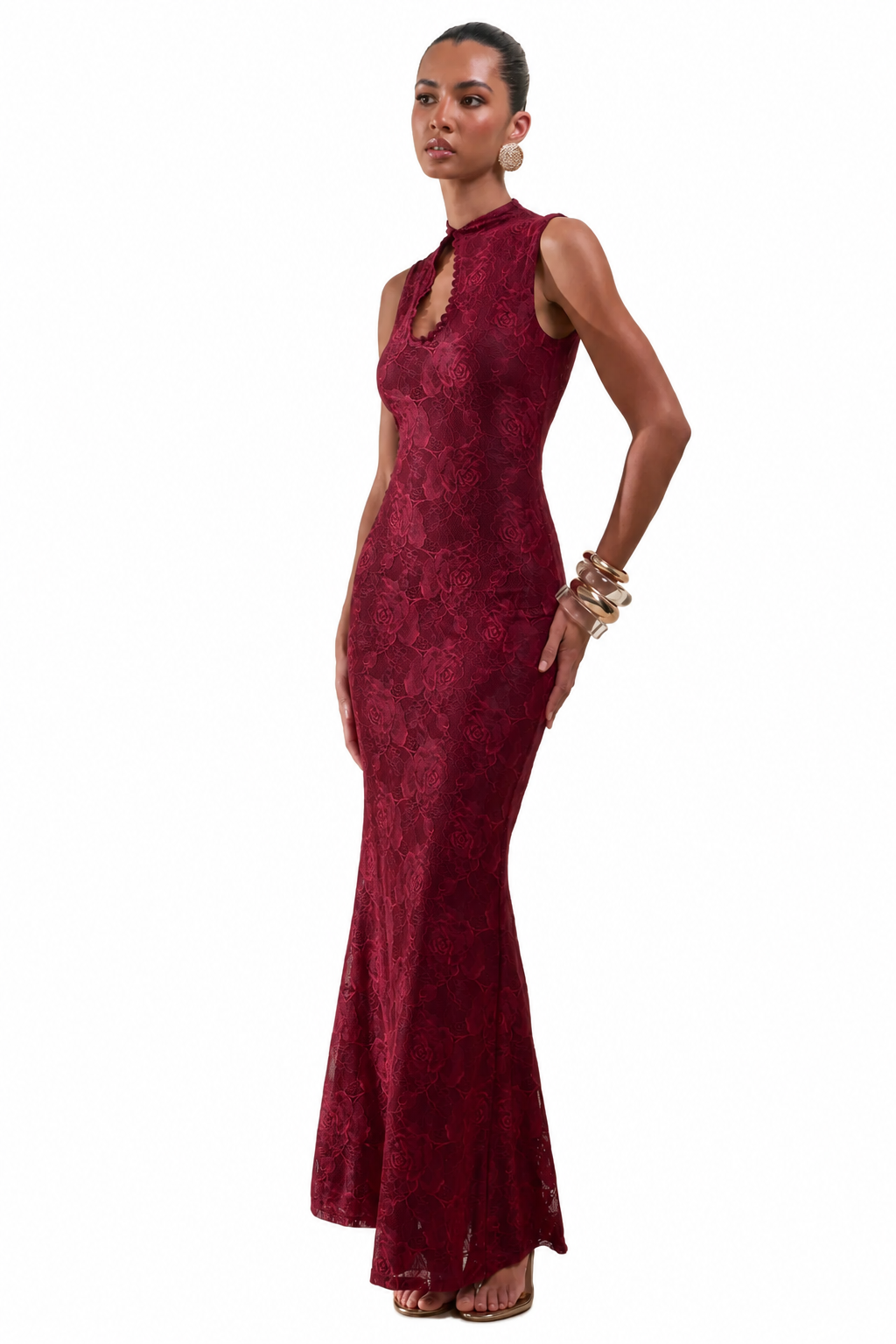 Ravissa | Vestido Largo Borgoña De Encaje Con Cuello Alto