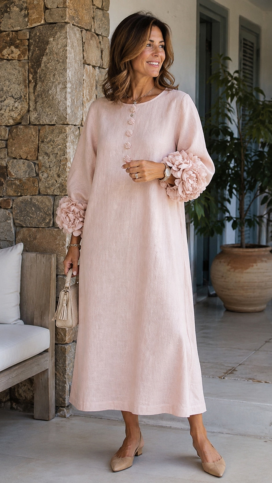 Magdalena | Vestido Estilo Francés con Flores 3D y Mangas Abullonadas