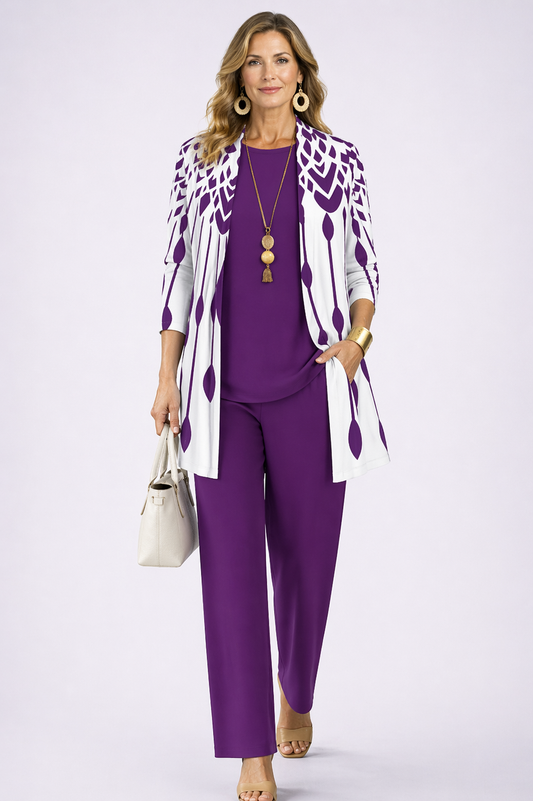 Eliana | Conjunto de mujer 3 piezas morado y blanco
