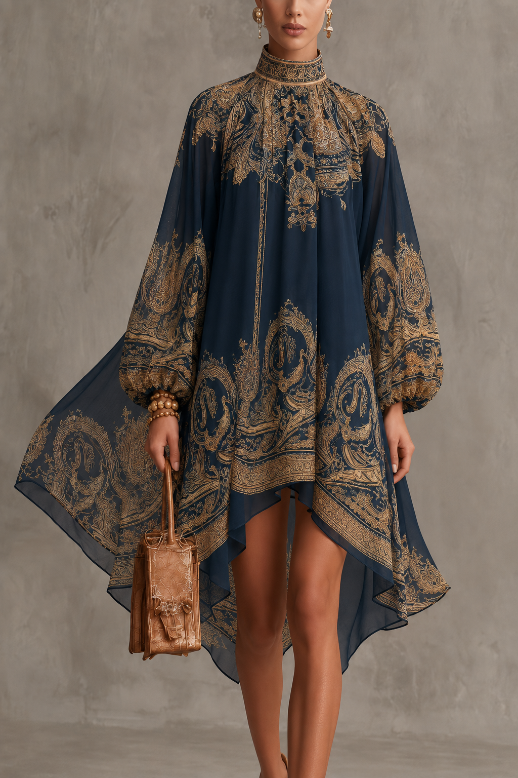 Marina | Minivestido de gasa con estampado barroco, cuello alto y bajo asimétrico en azul marino