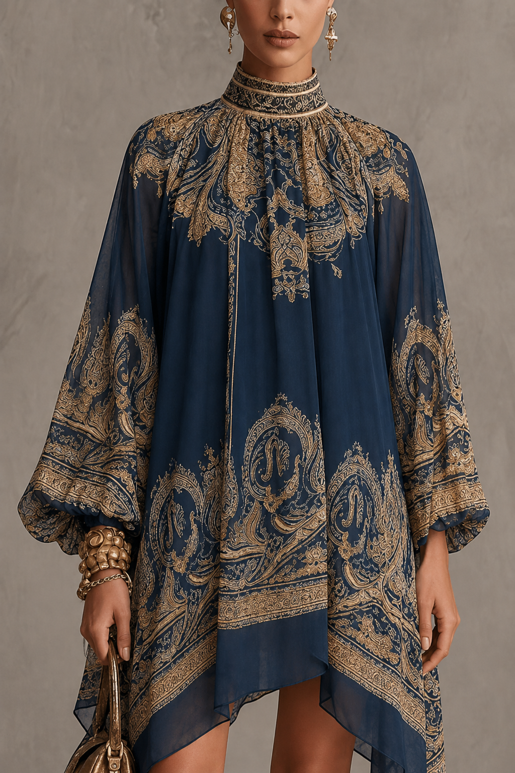 Marina | Minivestido de gasa con estampado barroco, cuello alto y bajo asimétrico en azul marino