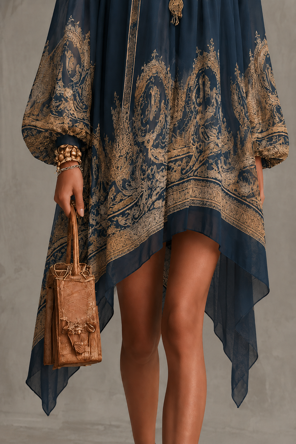 Marina | Minivestido de gasa con estampado barroco, cuello alto y bajo asimétrico en azul marino