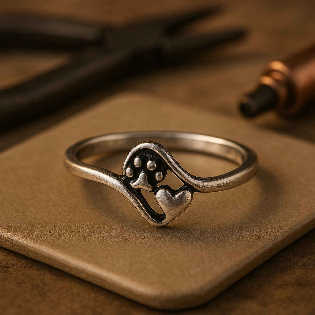 Anillo vintage de huella y corazón en plata de ley