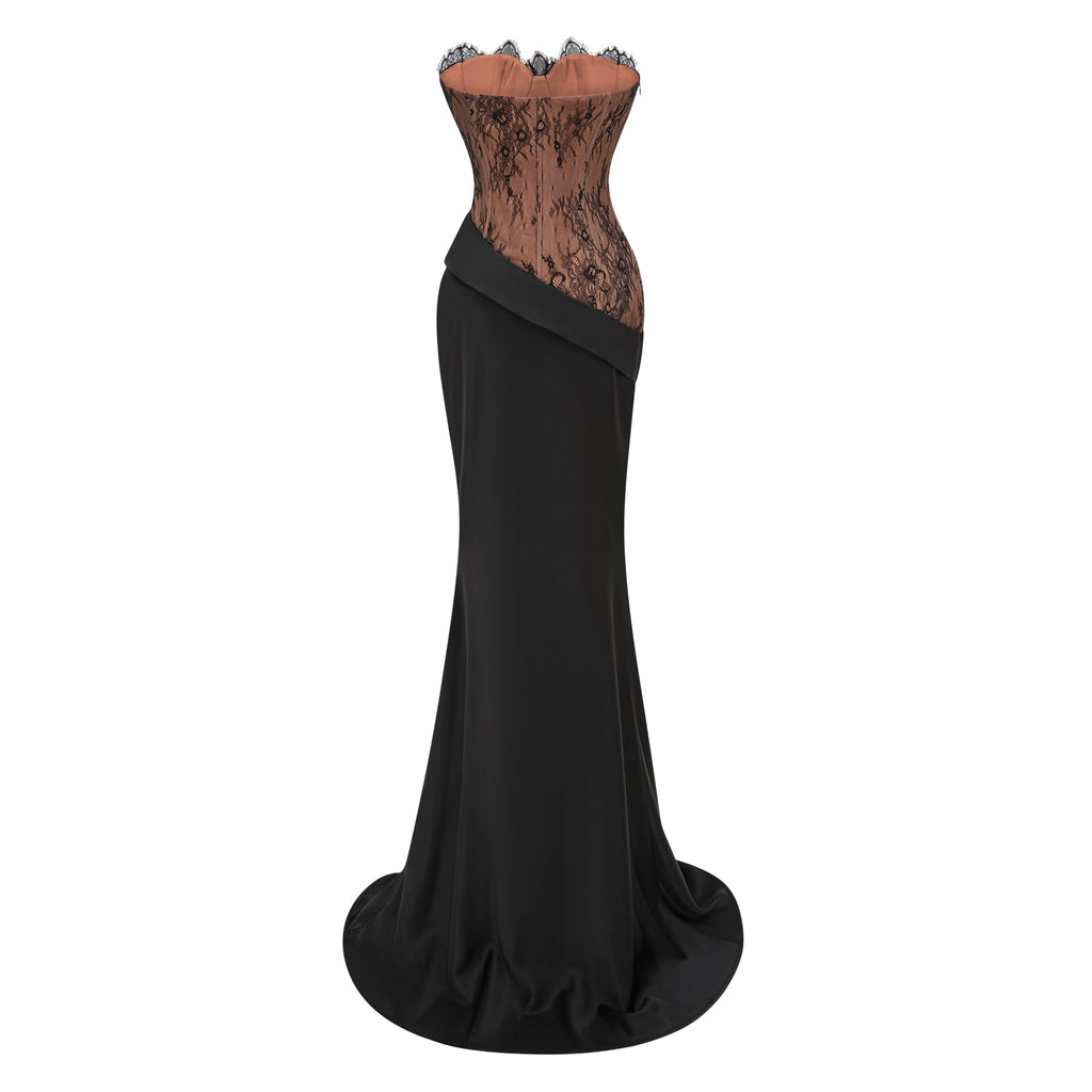 Vestido largo de satén con paneles de encaje negro Mirela