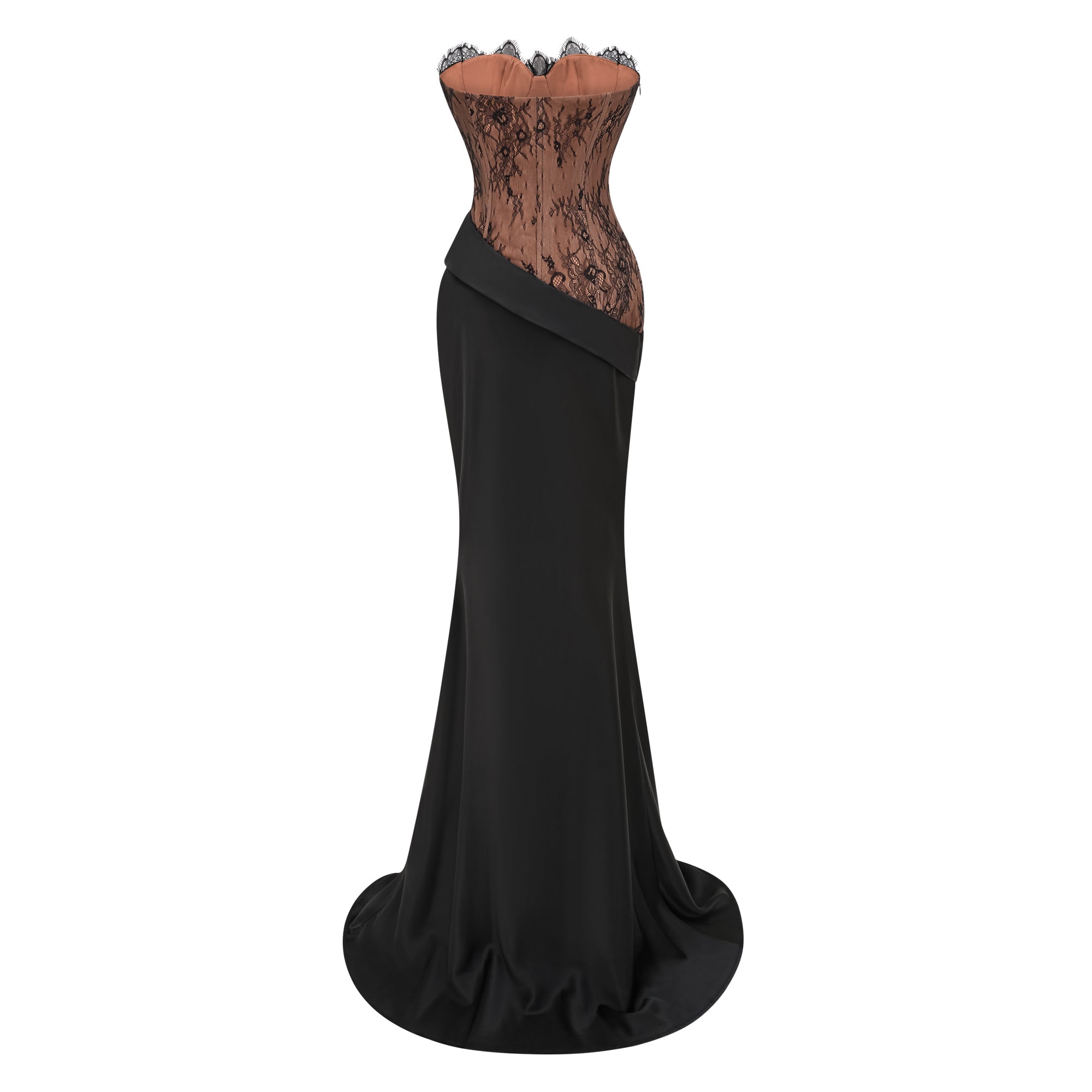 Vestido largo de satén con paneles de encaje negro Mirela
