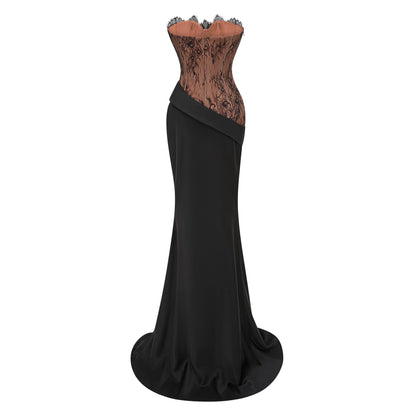 Vestido largo de satén con paneles de encaje negro Mirela — vista 7