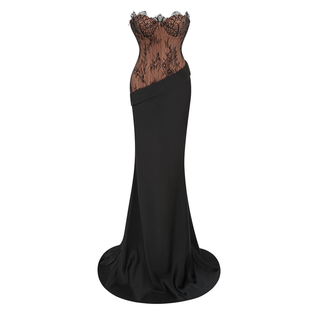 Vestido largo de satén con paneles de encaje negro Mirela