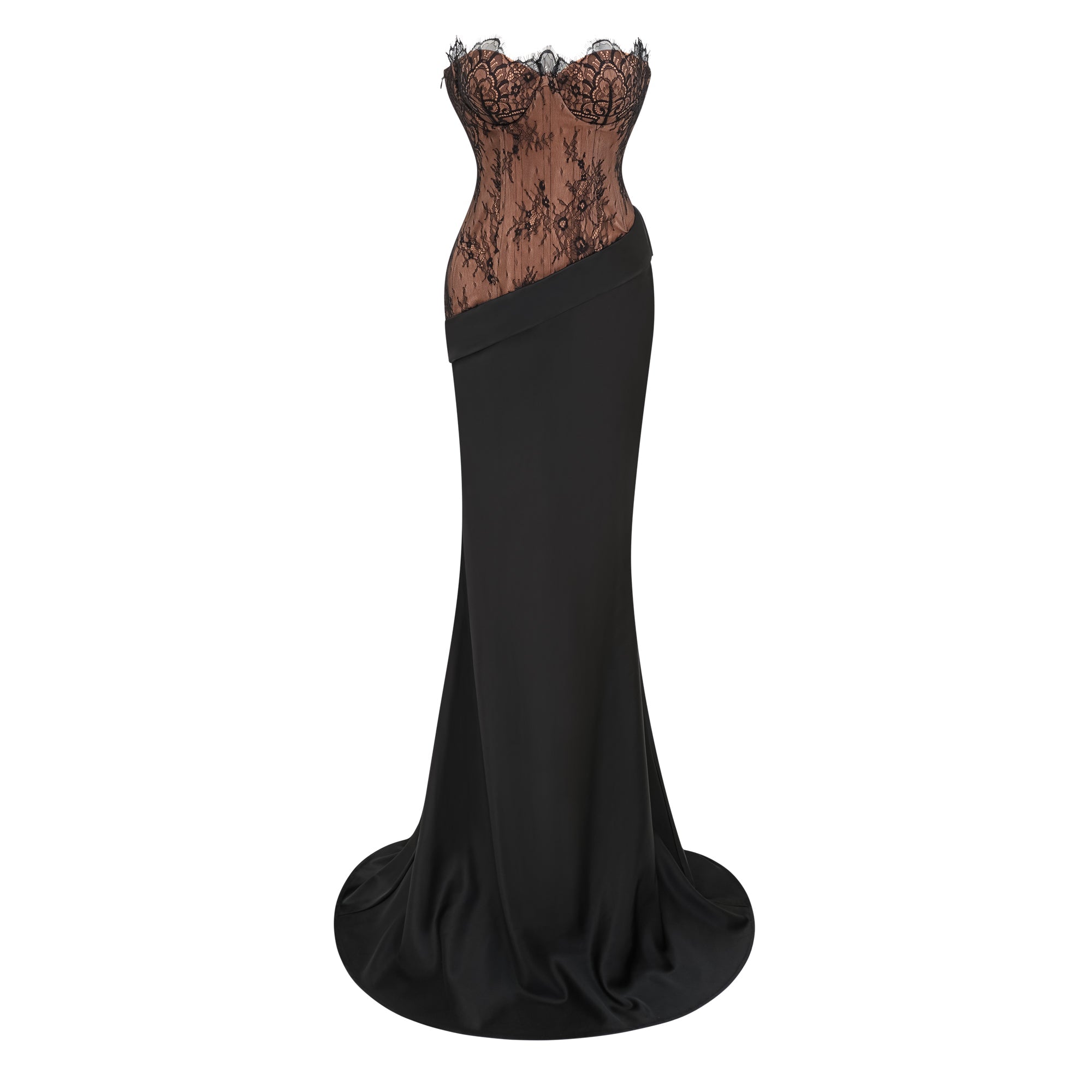 Vestido largo de satén con paneles de encaje negro Mirela