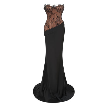 Vestido largo de satén con paneles de encaje negro Mirela — vista 5