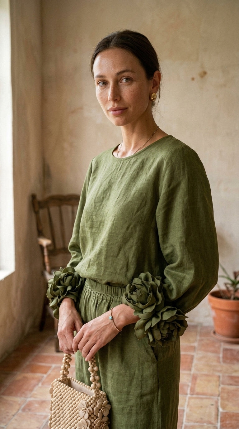 Rosa | Conjunto de Top con Puños Florales y Pantalones de Pierna Ancha
