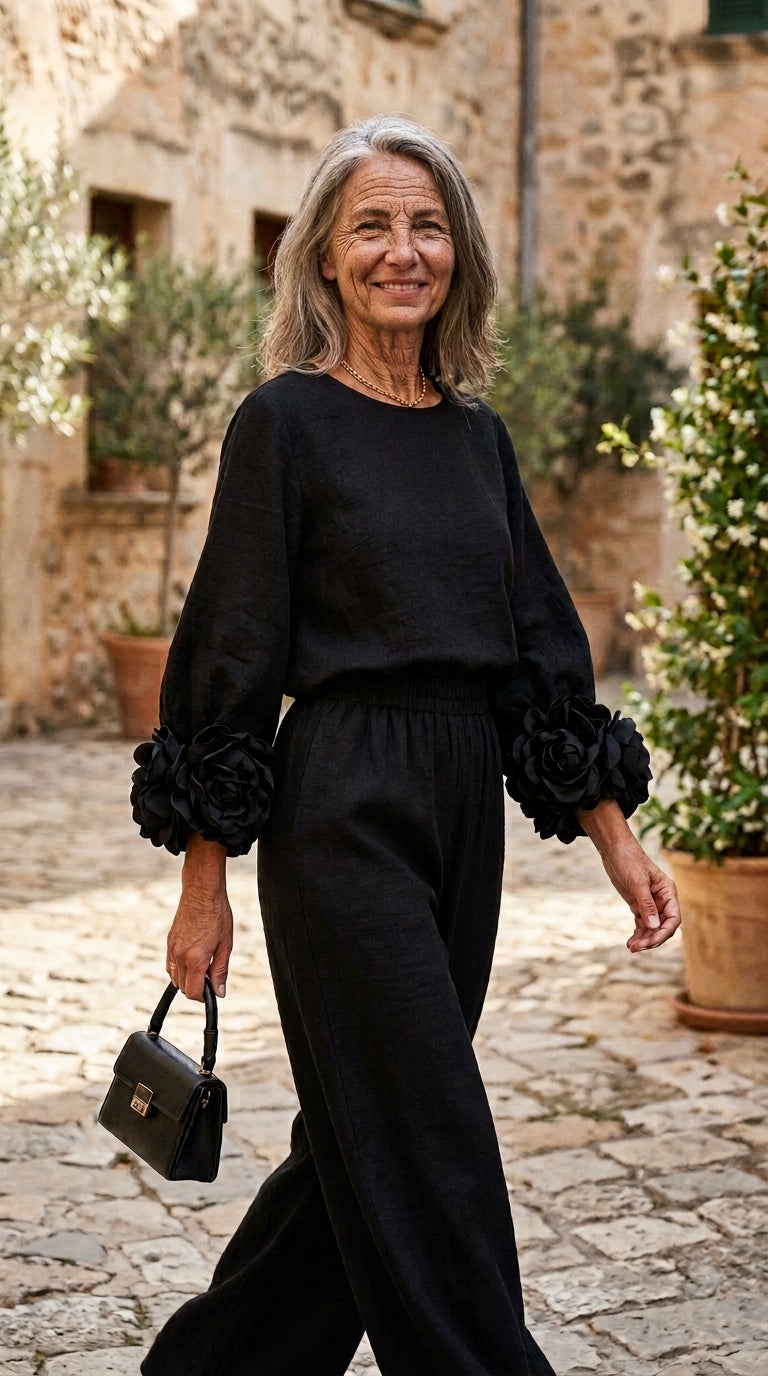 Rosa | Conjunto de Top con Puños Florales y Pantalones de Pierna Ancha