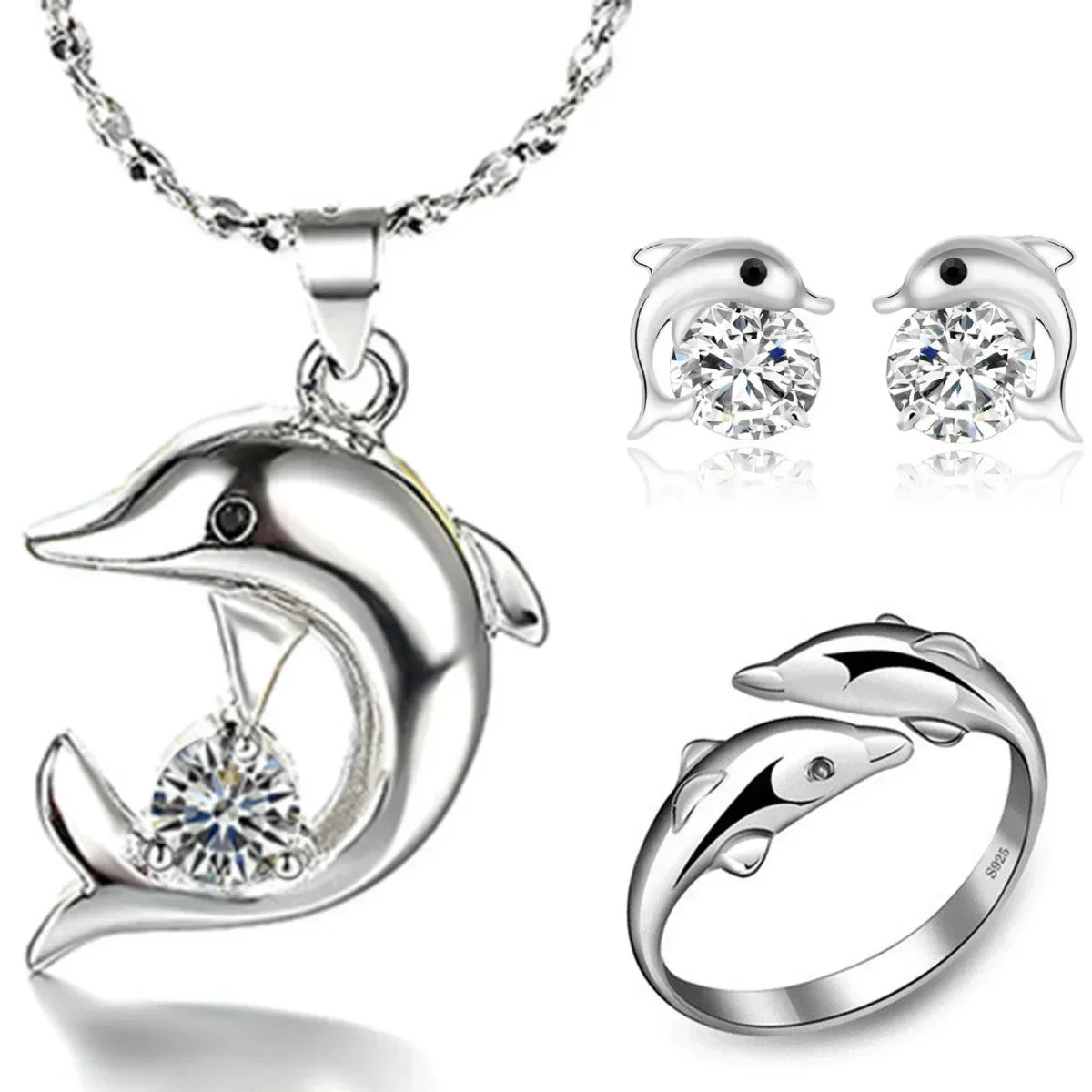 Conjunto de joyería de delfines en plata de ley