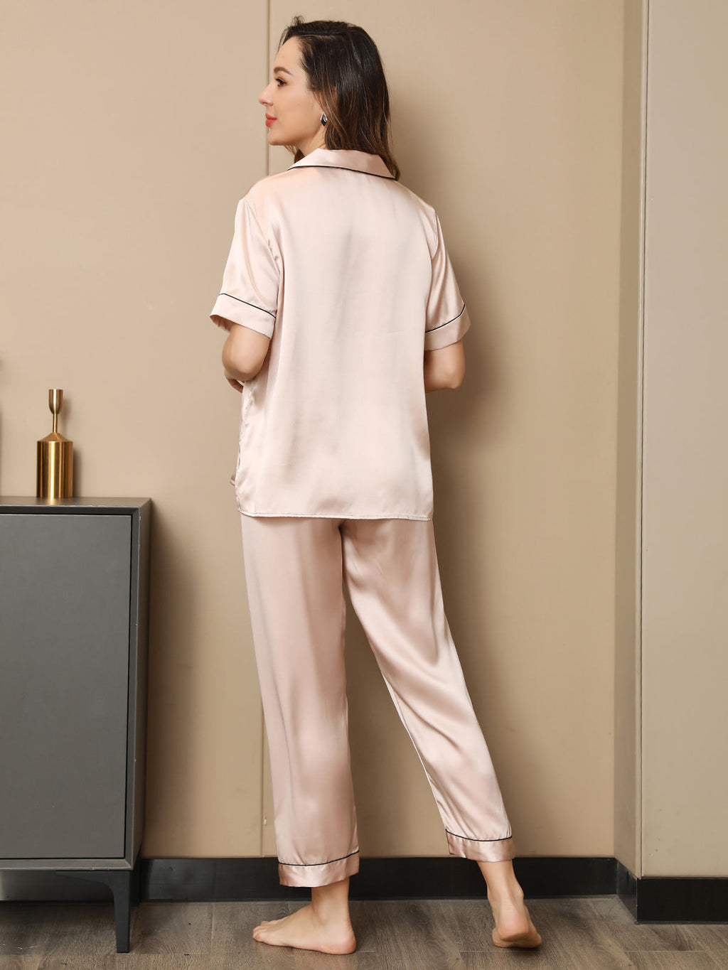 Conjunto de pijama de seda pura con ribete, 2 piezas
