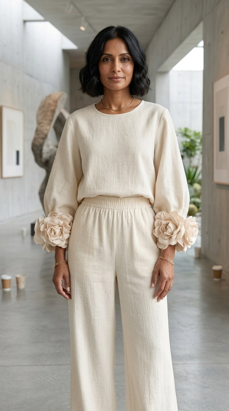 Rosa | Conjunto de Top con Puños Florales y Pantalones de Pierna Ancha