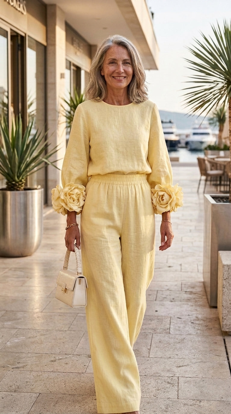 Rosa | Conjunto de Top con Puños Florales y Pantalones de Pierna Ancha