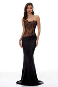 Vestido largo de satén con paneles de encaje negro Mirela