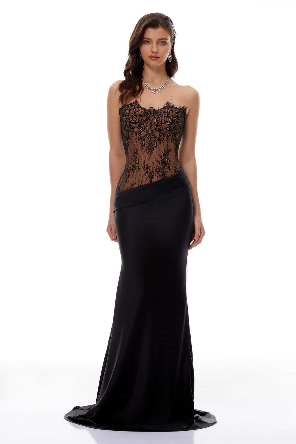 Vestido largo de satén con paneles de encaje negro Mirela